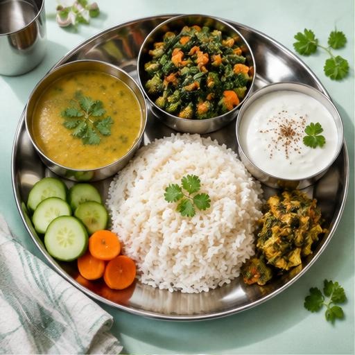 Indian thali with rice, dal, vegetables and curd