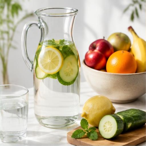 A water carafe with cucumber and lemon beside fruit