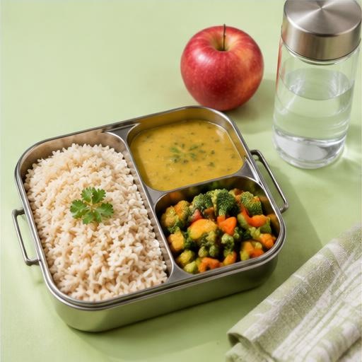 A packed lunch with vegetables, rice, dal, fruit and water