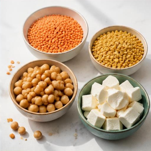 Lentils, chickpeas and paneer in separate bowls