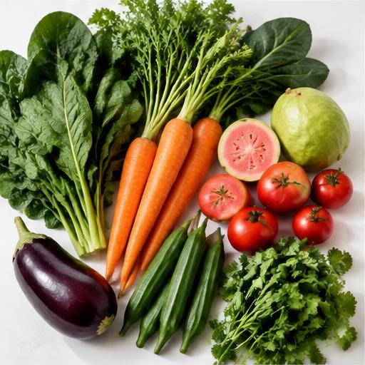 Fresh leafy greens, carrots, guava and tomatoes